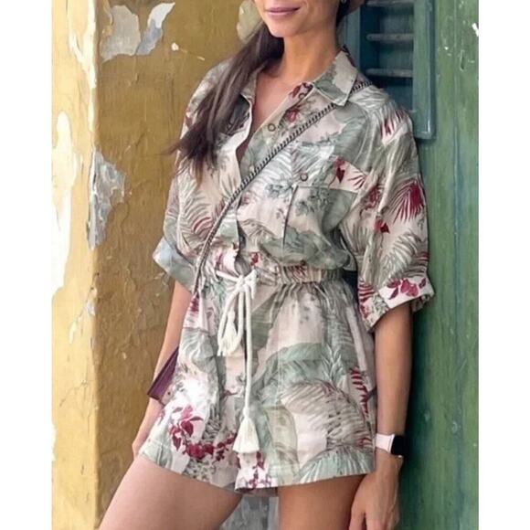 ZIMMERMANN Cassia Jungle Print Drawstring Linen Playsuit Button Romper AU 1 US 6 - Picture 3 of 16
